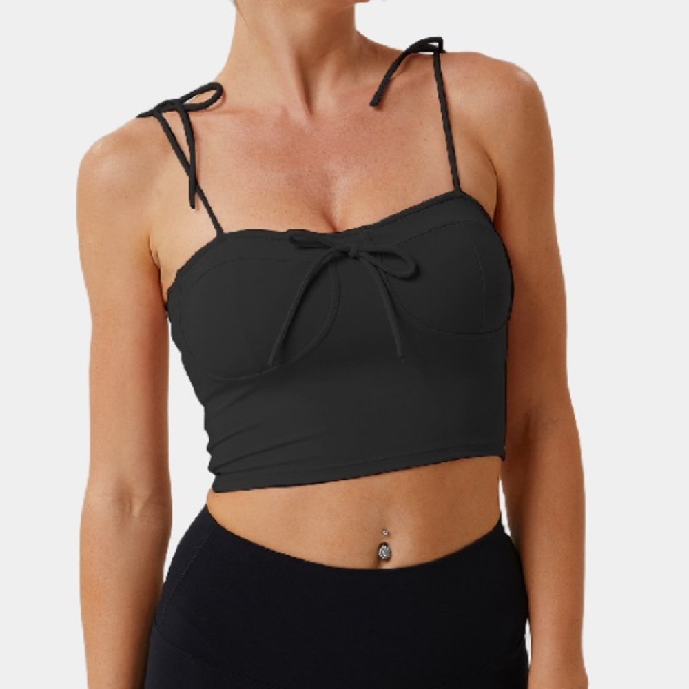HALARA Tie Up Spaghetti Strap Bow Front Cropped Tank Top size M Black NWT